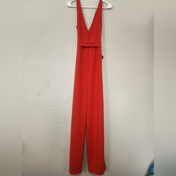 H:ours bright red belted deep v‎ neck jumpsuit with slit size small - Picture 2 of 7